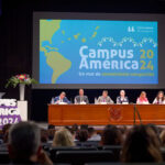 Imagen de la mesa inaugural de Campus América. De izquierda a derecha: Pedro González (Cabildo), Ciro Gutiérrez (Gobierno de Canarias), Francisco García (rector de la ULL), Ricardo Mairal (rector de la UNED), Inmaculada González (ULL) y Clara Freire (Ministerio de Cultura y Patrimonio de Ecuador).